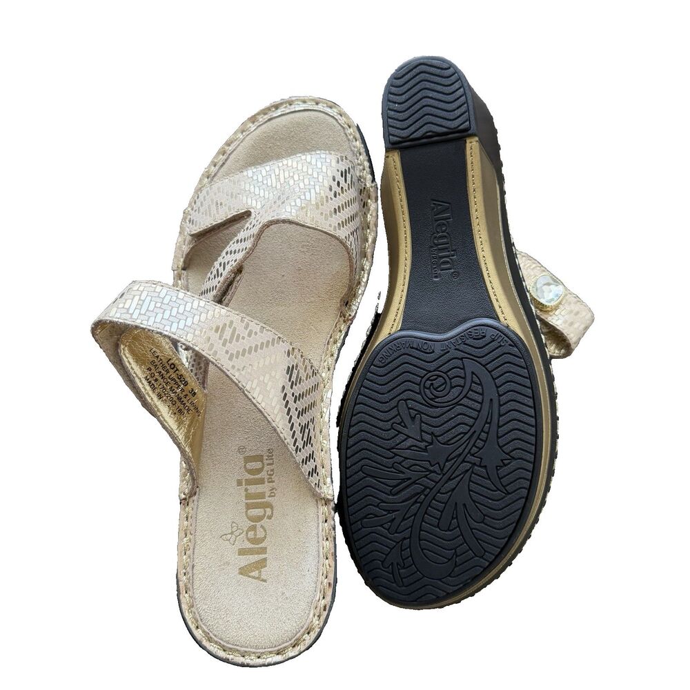 Alegria Loti Sandal Gold Dazzler 529 Open Toe Hook Loop Strap Wedge EU38/US7.5